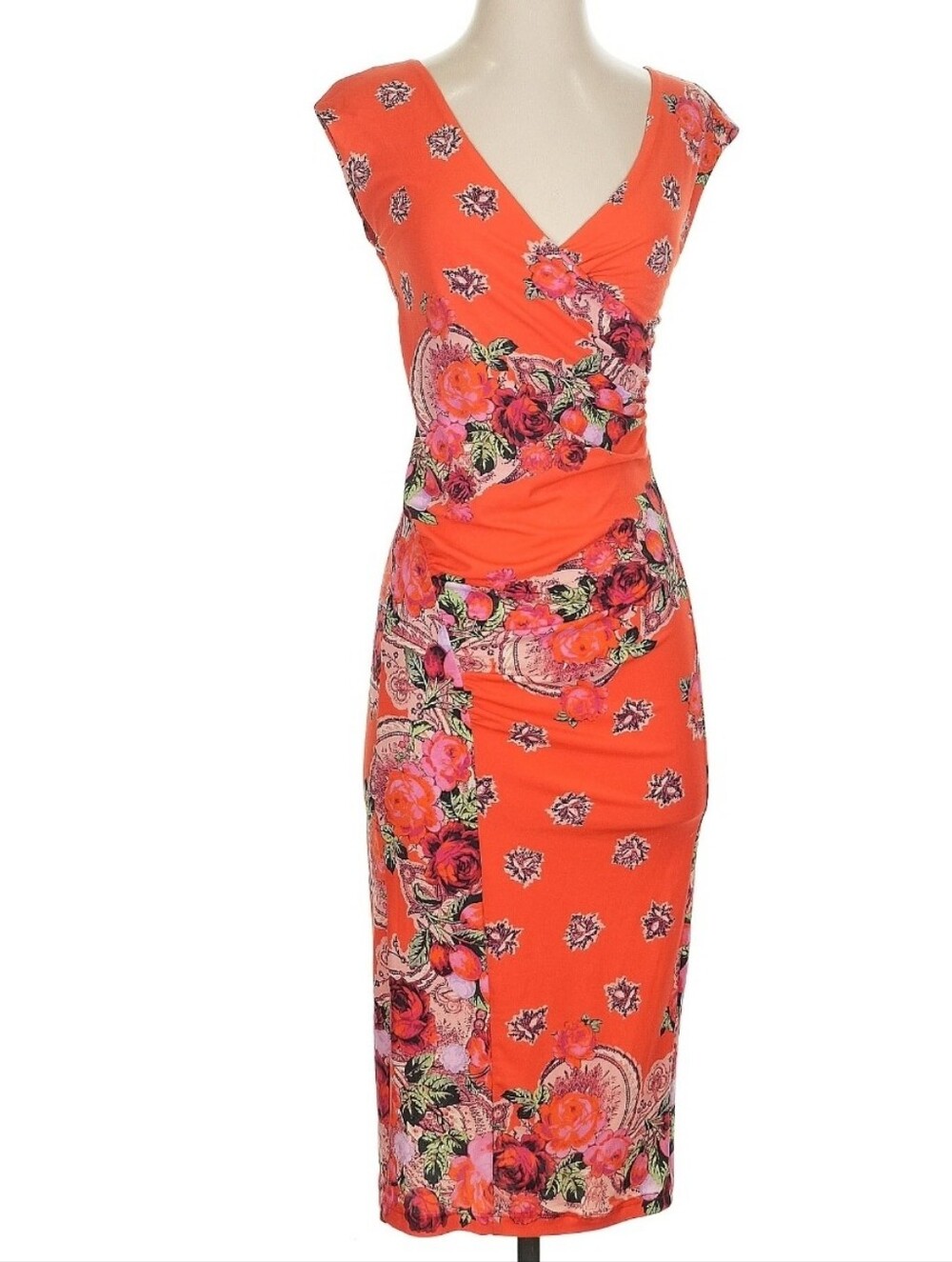 Jean Paul Gaultier Soleil Vintage Orange Floral Wrap-Style Midi Wiggle Dress (S)